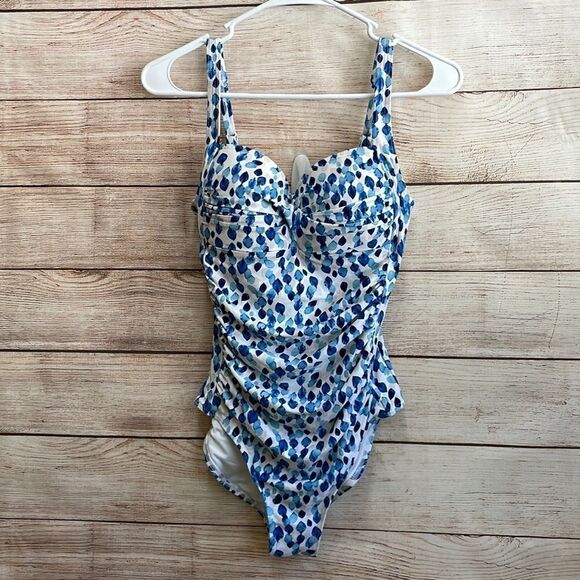 NIPTUCK SWIM PETAL PLUNGE JOANE ONE PIECE SWIMSUIT IN BLUE AND WHITE - Picture 1 of 9
